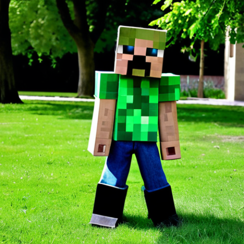 Home 9 **
A young girl fully clothed in a crafted Minecraft Creeper costume, appropriate attire, standing proudly in a sunny park with lush green grass and trees, safe for work, perfect anatomy, correct proportions, professional photography, family-friendly, well-formed hands, proper finger count, natural body proportions. The costume should be blocky and recognizable, made with visible craft materials like cardboard and fabric.
**