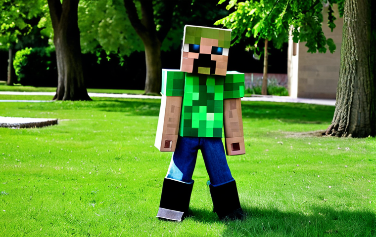 **
A young girl fully clothed in a crafted Minecraft Creeper costume, appropriate attire, standing proudly in a sunny park with lush green grass and trees, safe for work, perfect anatomy, correct proportions, professional photography, family-friendly, well-formed hands, proper finger count, natural body proportions. The costume should be blocky and recognizable, made with visible craft materials like cardboard and fabric.
**